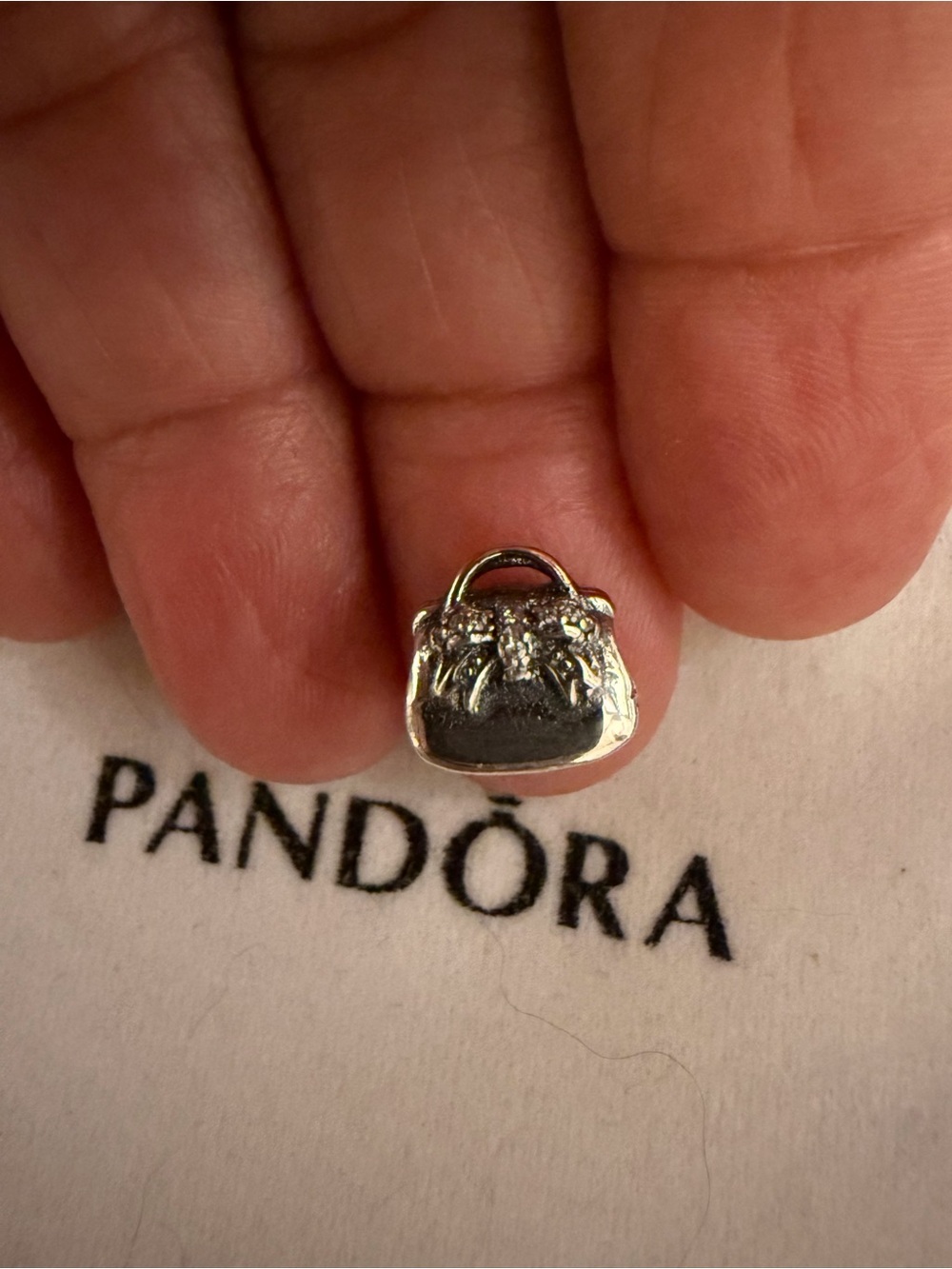 Pandora Silver Heart Handbag Charm with Bow Accent